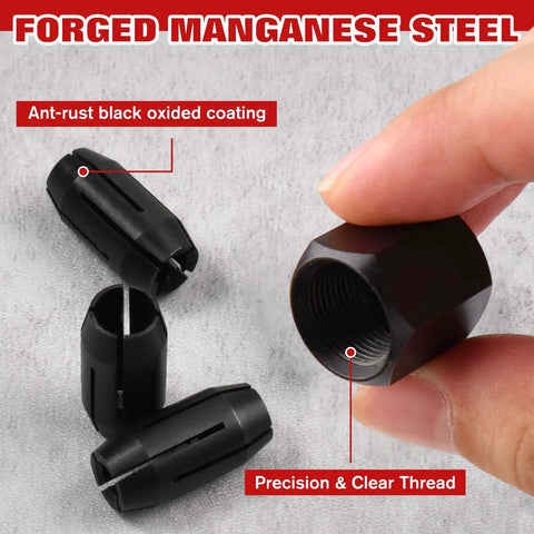 Replacement Collet And Nut Kit For CN1 showing heavy-duty manganese steel collets and nut with black oxide coating on a textured surface