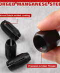 Forged manganese steel components of Replacement Collet and Nut Kit for Drywall Cutout Tools, highlighting anti-rust coating.