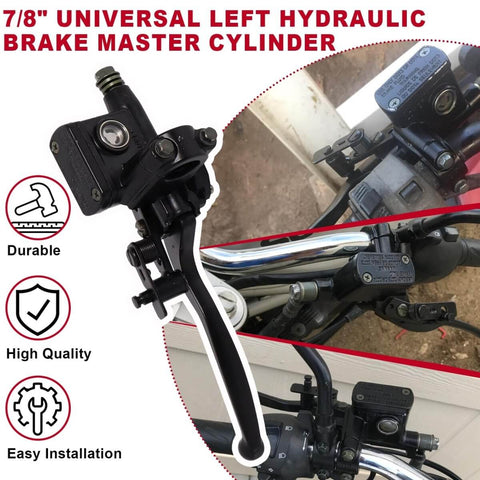 Universal Left Hydraulic Brake Master Cylinder For Seven Eighths Inch Handlebars On Moto ATV Pit Bike Dirt Bike GY6 Engine 50cc To 250cc With Durable Alloy Lever