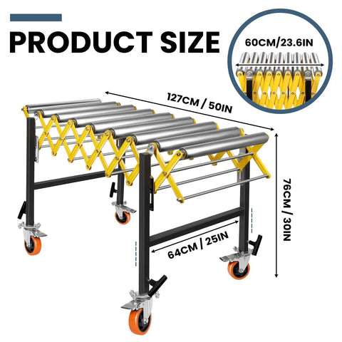 Industrial Grade Heavy Duty Expandable Conveyor Rollers Featuring 360 Degree Swivel Wheels And A Slick Twenty Inch Flexible Belt That Handles Factory Loads Without A Hitch, showing dimensions 127cm x 60cm x 76cm.