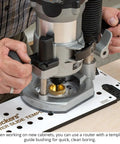 Precision Shelf Pin Drilling Template Slides In Smooth For Dead On Accuracy On Face Frame And Frameless Cabinets With Indexed Guides To Nail Perfect Spacing Every Single Time SPT2 being used with a router.