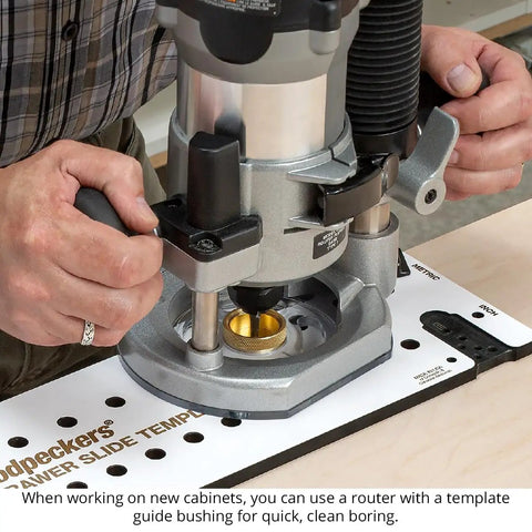 Precision Shelf Pin Drilling Template Slides In Smooth For Dead On Accuracy On Face Frame And Frameless Cabinets With Indexed Guides To Nail Perfect Spacing Every Single Time SPT2 being used with a router.