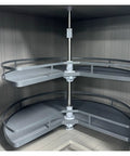 Two Tier Rotating Corner Cabinet Shelf With 360 Degree Swivel For Kitchen Pantry And Bathroom Non Slip Lazy Susan Organizer Rack For Cabinets Space Saving Storage Solution; grey two-tier metal shelf in corner cabinet.