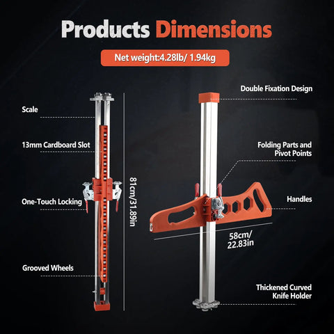 Pro Level Drywall Cutting Tool dimensions including scale, 13mm cardboard slot, and detailed design features for precise cutting.
