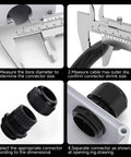 Diagram showing installation steps for a waterproof cable gland from a waterproof cable gland kit 50 pack for 3 to 16mm cables.