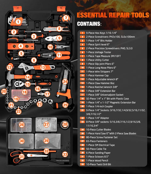328 Piece Home Tool Set With Toolbox Storage Case And Drawer Organizer All In One Hand Tool Kit For DIY Projects And Home Repairs Includes Wrenches Sockets Screwdrivers Pliers And More