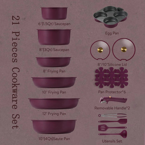 21 Piece Nonstick Pots And Pans Set With Detachable Handle Induction Friendly Cookware For RV And Home Gold And Purple Finish Includes Lids