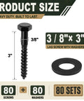 Beefy Lag Screws Kit 3/8 Inch By 3 Inch With Washers 80 Pack, size and quantity displayed for woodworking and construction.