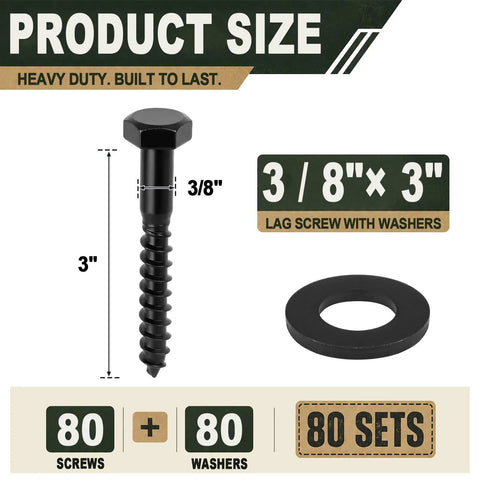 Beefy Lag Screws Kit 3/8 Inch By 3 Inch With Washers 80 Pack, size and quantity displayed for woodworking and construction.