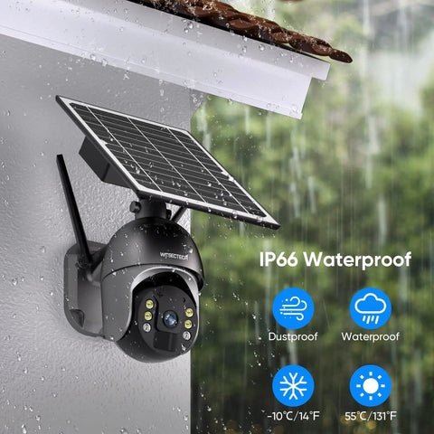 Wireless Outdoor All Weather Security Camera With 355 Pan And 100 Tilt mounted on a wall in rainy weather.