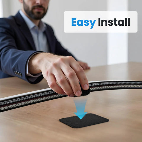 Person installing Under Desk Cable Management Kit With 20 Pairs Of 120x40mm Hook And Loop Ties Adjustable Organizer And Cable Hider Clips.