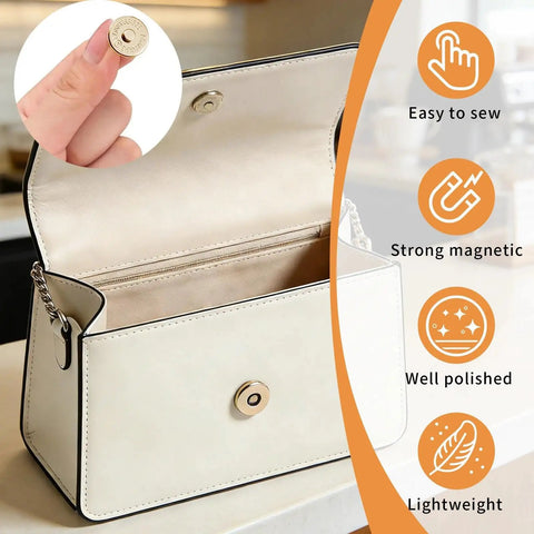 Hella Secure 50 Pack Silver Tone Magnet Closures Replace Velcro On Handbags Jackets Totes Craft Projects No Sweat Prong Install shown on a stylish handbag.