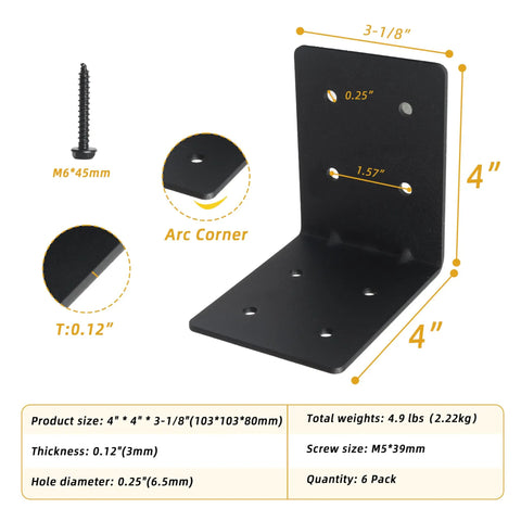 Six Pack 4 By 4 By 3 Eighths Heavy Duty Steel Corner Brackets L Shaped Right Angle Mounts For Deck And Shed Build Out Top Shelf Rust Proof Carbon Steel Frame Hardware with dimensions shown.