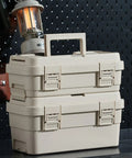 Compact Portable Tool Box With Compartmentalized Design And Secure Closure For Home And Camping, stacked, khaki color, durable PP, locking clasps.
