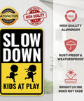 Two Pack Slow Down Kids At Play Sign Aluminum 18 By 12 Inches Durable 60 Mil Thick Street Safety Sign displayed with quality features