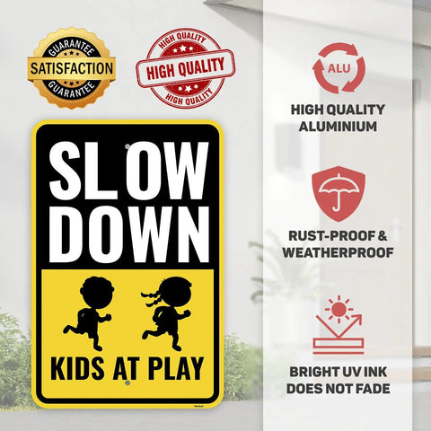 Two Pack Slow Down Kids At Play Sign Aluminum 18 By 12 Inches Durable 60 Mil Thick Street Safety Sign displayed with quality features