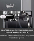Close-up of Classic Evo Pro Grade Espresso Machine With Industrial Grey Finish Made In Italy Compact Size 9 Bar Extraction.