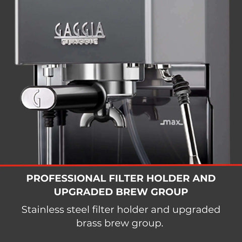 Close-up of Classic Evo Pro Grade Espresso Machine With Industrial Grey Finish Made In Italy Compact Size 9 Bar Extraction.