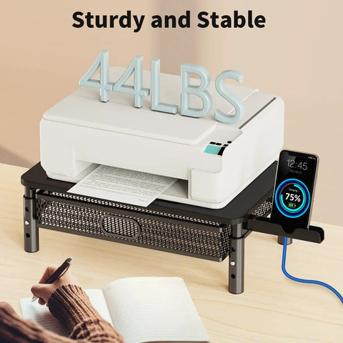 Ergonomic Monitor Stand Riser With Metal Mesh Drawer And Phone Holder Height Adjustable At 4.13 4.92 And 5.71 Inches Go To Desk Organizer For Computer Laptop Printer And Notebook with printer on top