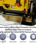 Rock Solid Heavy Duty Folding Extension Table For Woodworking Thickness Planers in use with DW735, showcasing sturdy silver steel support.