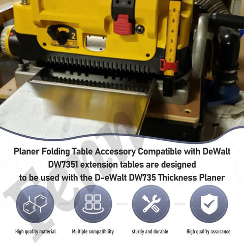 Rock Solid Heavy Duty Folding Extension Table For Woodworking Thickness Planers in use with DW735, showcasing sturdy silver steel support.