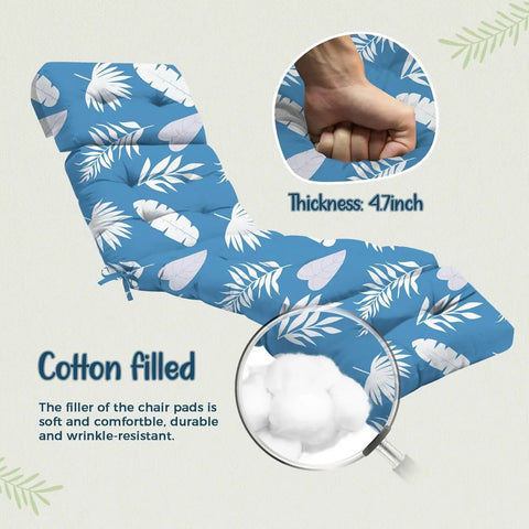 Outdoor Chaise Lounge Chair Cushion With Ties 75.1 x 22.8 x 4.7 Inches Waterproof Replacement Cotton Cushion For Patio And Poolside Furniture Blue Leaf
