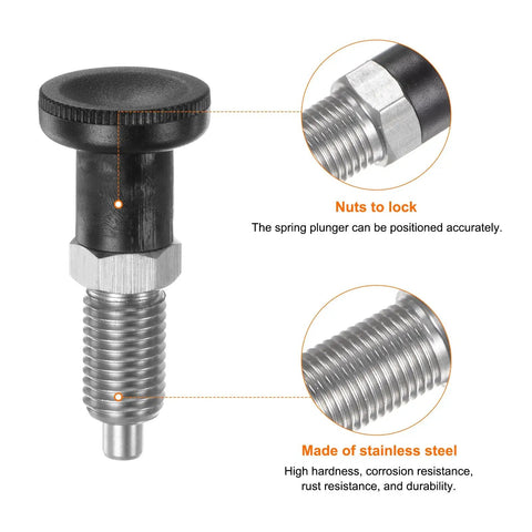 Built Different Stainless Steel Push Fit Ball Nose Spring Plunger M12x1.5 Thread With 6mm Pin showing M12x1.5 threaded base and black knob.