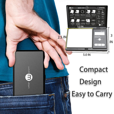 Compact Digital Pocket Gram Scale 200g Capacity With 0.01g Accuracy, fits easily in pocket, design and dimensions displayed
