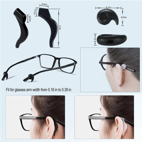 Anti Slip Eyeglasses Retainers With Premium Silicone Comfort Ear Grips For Spectacles, shown on black frames and worn on ear