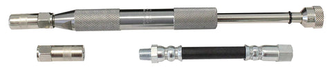 Grease joint rejuvenator kit with chrome knurled tool, detachable fittings, and black hose with metal ends
