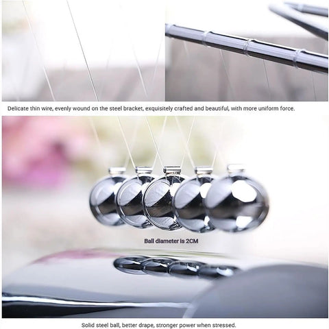 Close-up of Five Pendulum Newton Cradle Desktop Ornament with 18cm steel balls on steel bracket, showcasing physics in action.