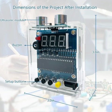 Ultrasonic Distance Measuring Soldering Practice Kit With Adjustable Alarm, Beginner Friendly DIY Soldering Project Set For Students And Adults, Fun Hands On Education Kit For Learning Electronics showing front view of assembled sensor with dimensions.