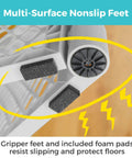 Close-up of non-slip feet on Two In One Superyard Duo Extra Wide Baby Gate And Play Yard Six Panel Portable Playpen with foam pads.