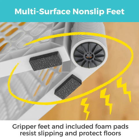 Close-up of non-slip feet on Two In One Superyard Duo Extra Wide Baby Gate And Play Yard Six Panel Portable Playpen with foam pads.