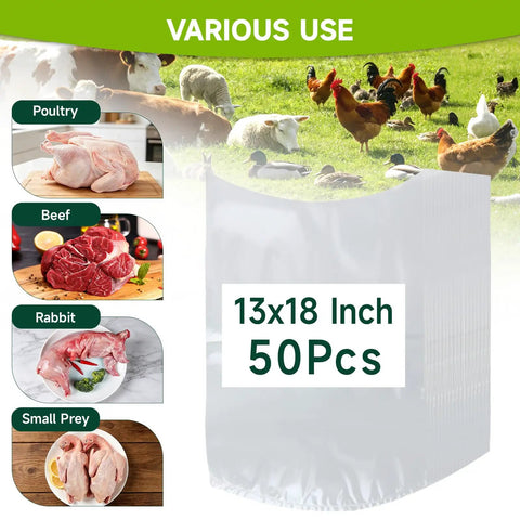 Poultry Shrink Bags Pack Of 50, 13X18 Clear Heat Shrink Wrap Bags shown with poultry, beef, rabbit, and small prey examples.