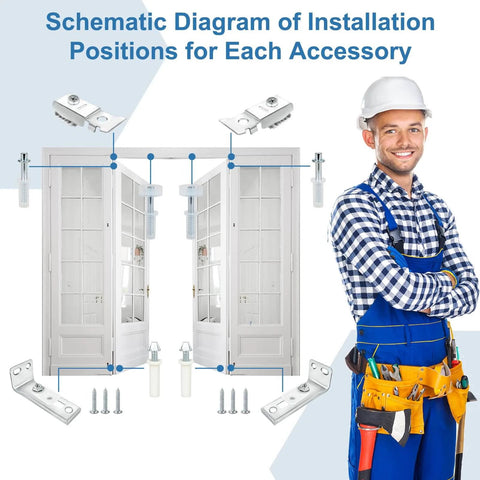 Schematic installation diagram of Door Hardware Repair Kit 2 Pack for bifold sliding closet pocket and barn doors with technician