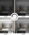 Dimmable 6 Light LED Vanity Fixture For Modern Bathroom Over Mirror with different brightness settings above a bathroom sink.