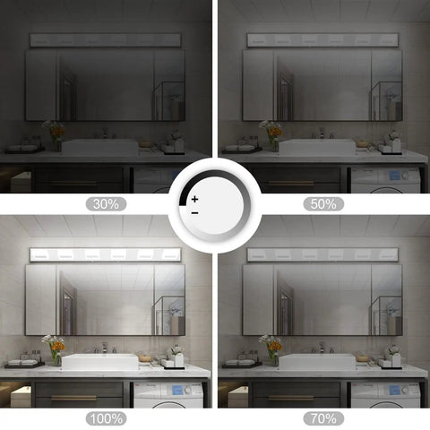 Dimmable 6 Light LED Vanity Fixture For Modern Bathroom Over Mirror with different brightness settings above a bathroom sink.