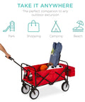 Foldable Outdoor Utility Wagon With Canopy For Beach, Picnic, Camping, Tailgates Removable Shade, 150 Lb Capacity, Detachable Pockets, Grab And Go Fold Red Cart with handle and contents
