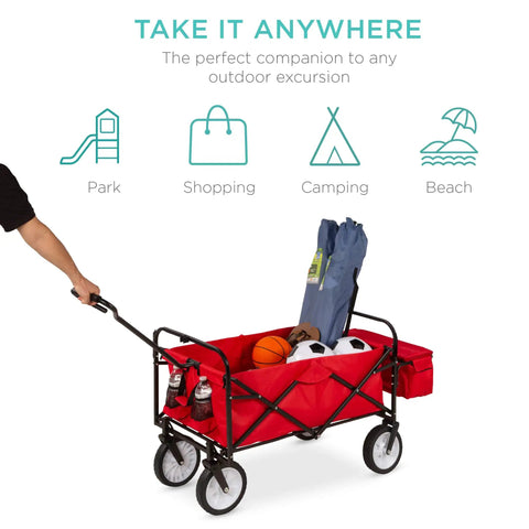 Foldable Outdoor Utility Wagon With Canopy For Beach, Picnic, Camping, Tailgates Removable Shade, 150 Lb Capacity, Detachable Pockets, Grab And Go Fold Red Cart with handle and contents
