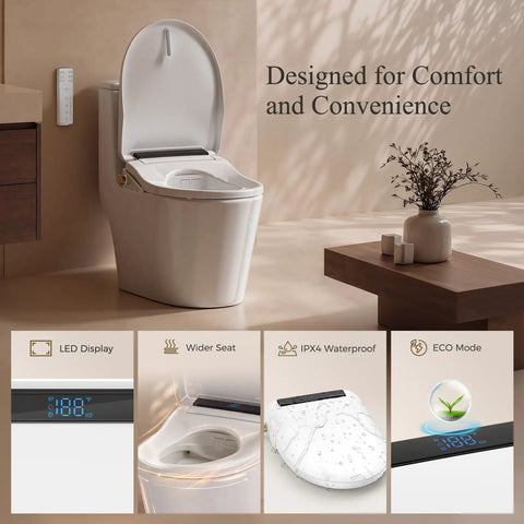 Butter Smooth Tankless Electric Bidet Toilet Seat With Instant Warm Water Wash And Dual Spray Cleaners Fits Round And Elongated Bowls, shown with LED display and wider seat.