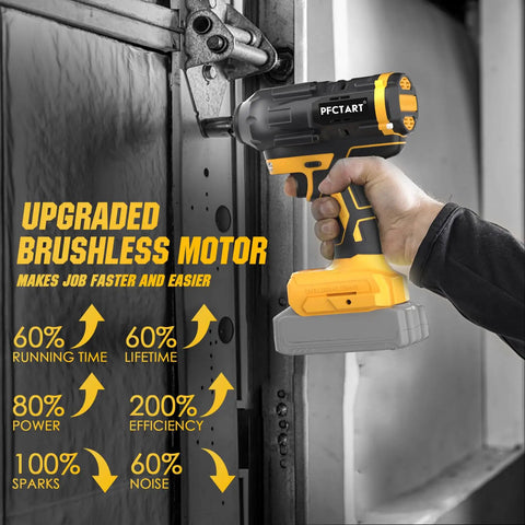 PFCTART 20V Brushless Impact Wrench, 1/2 Inch Cordless Impact Gun With 922 Ft-Lbs Max Torque And 3300Rpm Speed, Includes 6 Sockets For Auto Truck Tire Lug Nuts And Garage Work, Super Duper Power Tool