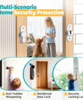 Multi-scenario home security protection featuring security locking latch mechanisms on doors, with focus on child safety.