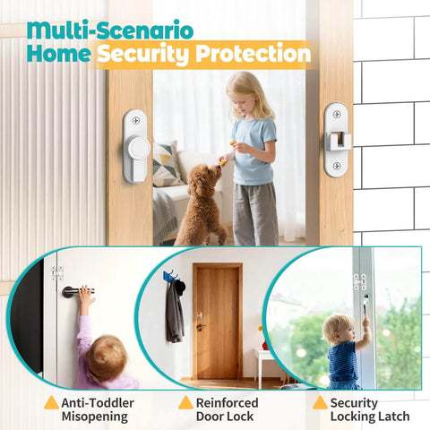 Multi-scenario home security protection featuring security locking latch mechanisms on doors, with focus on child safety.