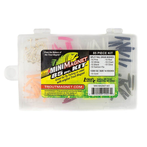 Mini Jig Kit For Trout And All Freshwater Fish 85 Piece Set With 70 Grub Bodies And 15 Size 14 Hooks in clear tackle box