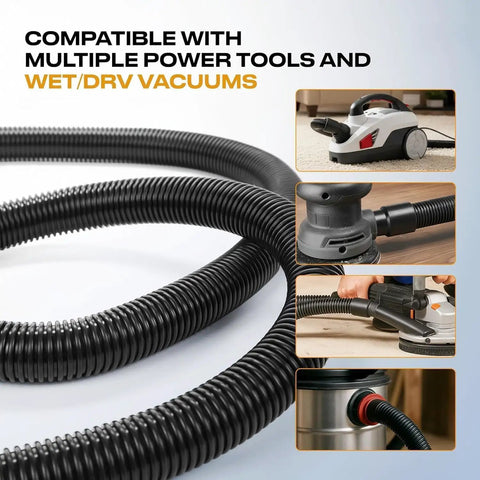 Ultimate Dust Collection Hose Kit With Six Fittings And Reducers For Two And One-Half Inch And Two And One-Quarter Inch ID hose connected to tools and vacuum
