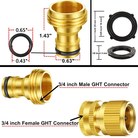 Five Set Garden Hose Quick Connect Fittings Brass Quick Connectors Three Quarter Inch GHT Includes Extra Rubber Washers