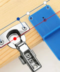 35mm Concealed Hinge Jig Kit For Cabinet Door Woodworking showing precise alignment with hinge and blue jig template on wood.