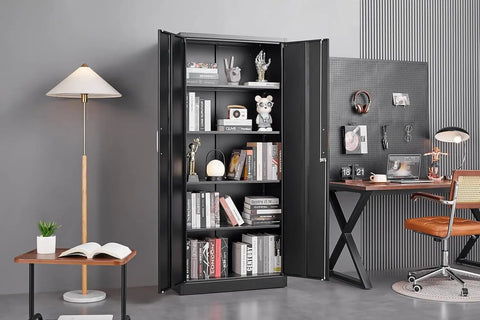 Beefy Black Metal Storage Cabinet With Adjustable Shelves And Doors, versatile for home office, 71 inch tall, shown with decor items