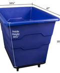 Commercial 16 Bushel Utility Cart With Steel Base And Poly Box Basket, side view, blue poly tub dimensions highlighted, red